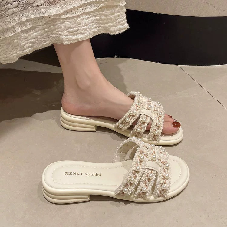 Women Summer Elegant PU Pearl Soft Sole Open Toe Shoes
