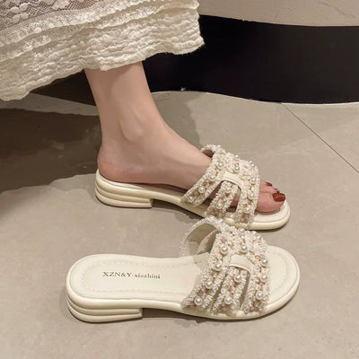 Women Summer Elegant PU Pearl Soft Sole Open Toe Shoes