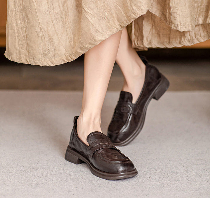 Brown Classic Vintage Textured Leather Loafers for Women