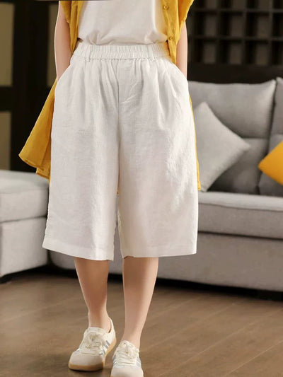 Summer Retro Casual Linen Loose Elastic Waist Knee-Length Shorts