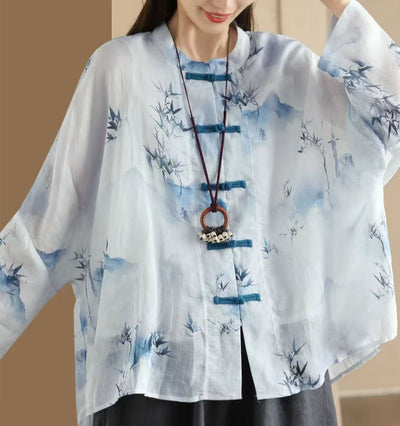 Ladies Vintage Printed Ramie Shirt Chinese Style Elegant Jacket