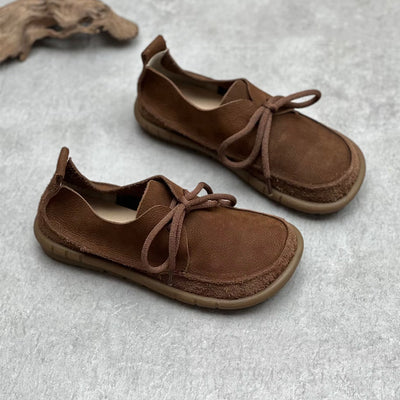 Ladies Retro Handmade Genuine Leather Lace-Up Suede Flats