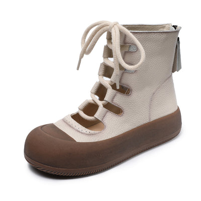 Women Retro Breathable Hollow Leather Lace-Up Short Boots