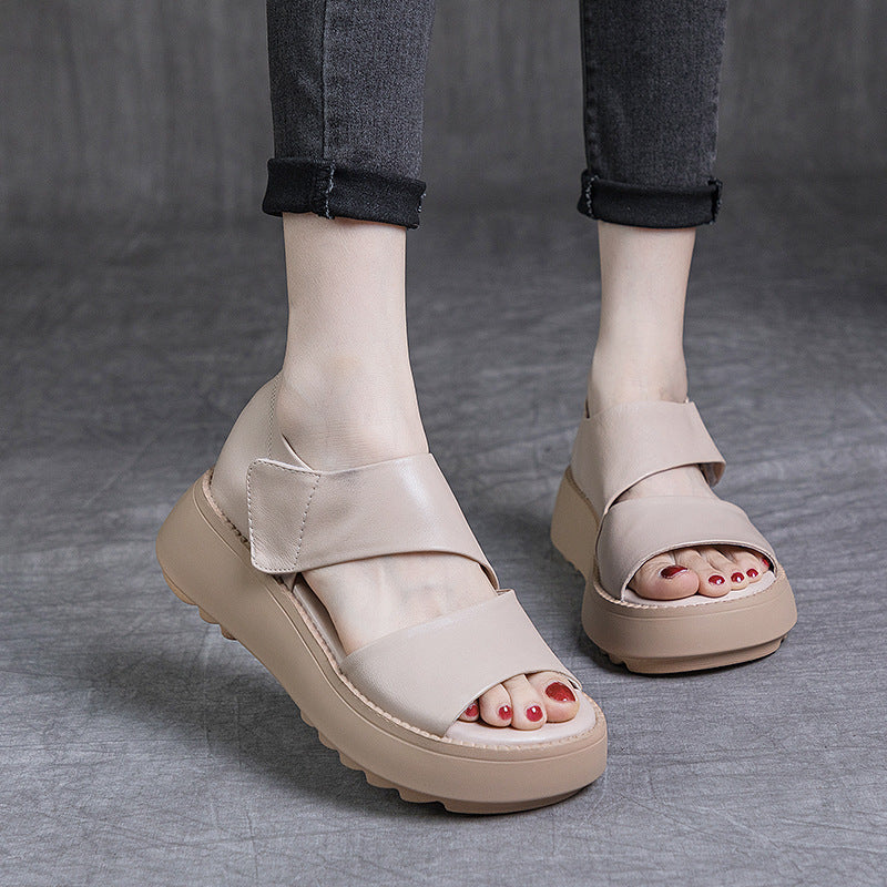 Summer Retro Genuine Leather Open Toe Thick Soft Flat Sandals