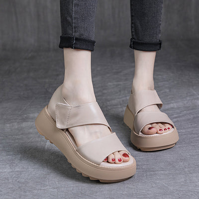 Summer Retro Genuine Leather Open Toe Thick Soft Flat Sandals