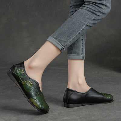 Women Retro Leather Casual Printed Shallow Slip-On Flat Shoes