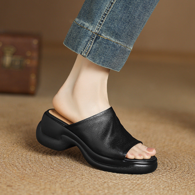 Top Genuine Leather Platform Everyday Open Toe Slippers