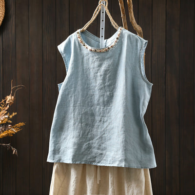 Women Summer Cool Linen Round Neck Sleeveless Tank Top