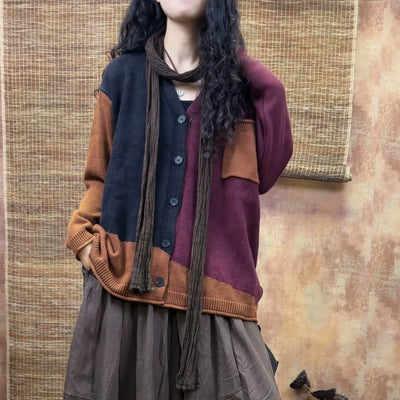 Autumn Retro Cotton V-Neck Casual Loose Patchwork Cardigans