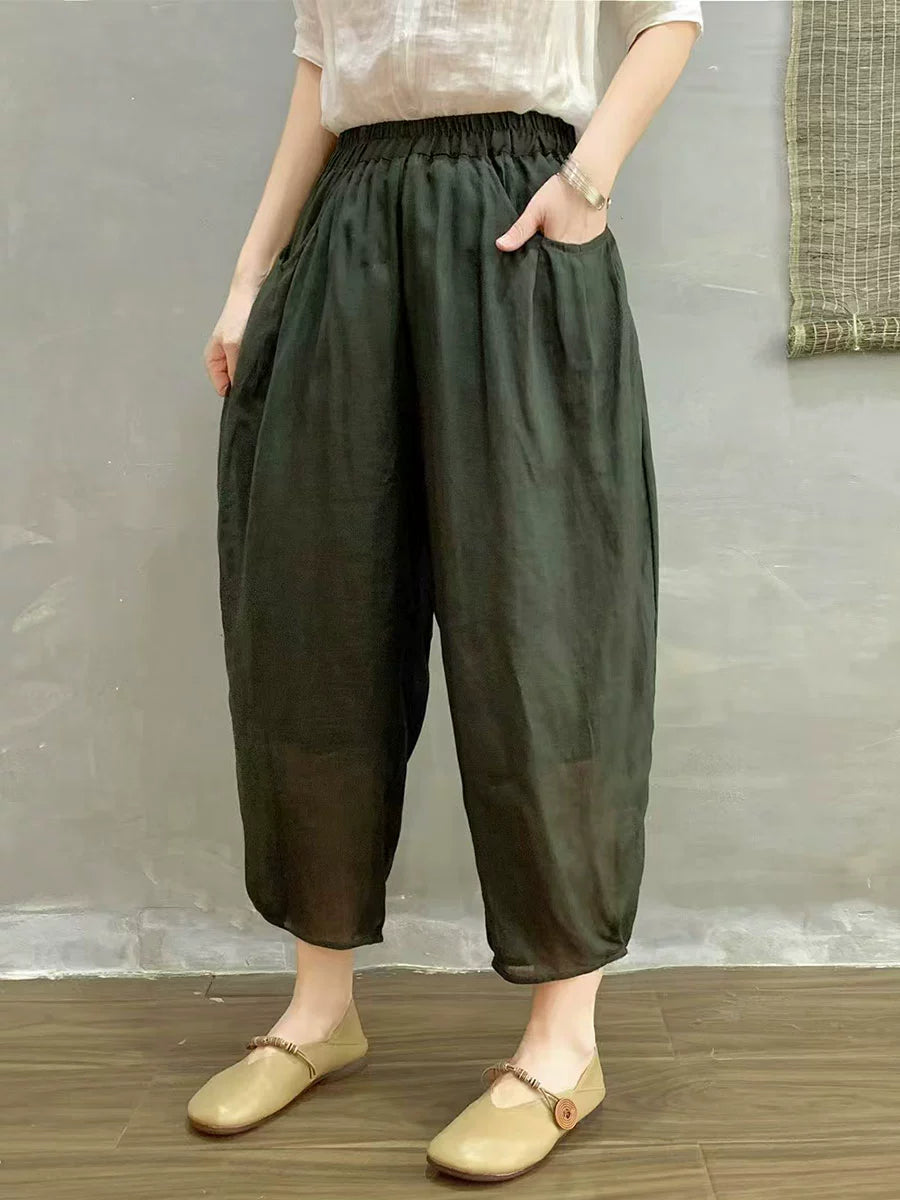 Women Summer Ramie Vintage Style Loose Harem Ankle Pants