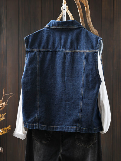 Women Spring Retro Denim Solid Color Casual Vest
