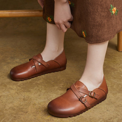 Ladies Retro Comfy Soft Sole Buckle Genuine Leather Casual Shoes