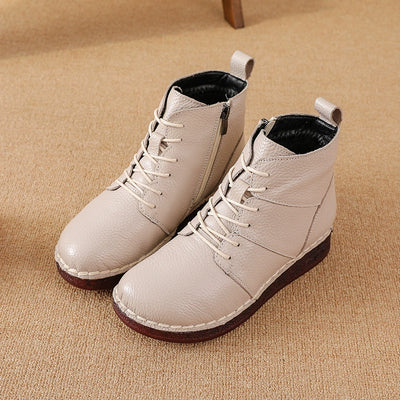Winter Vintage Top Leather Wide Toe Lace-Up Fleece-In Boots