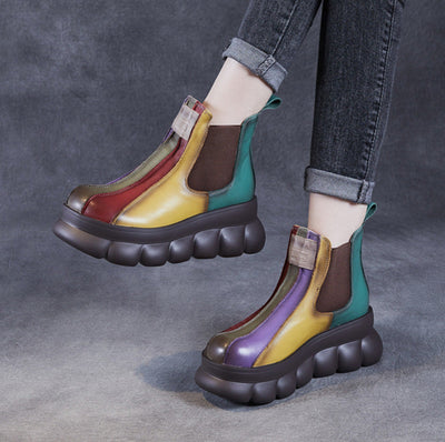Multicolor Retro Chunky Sole Leather Ankle Boots for Women