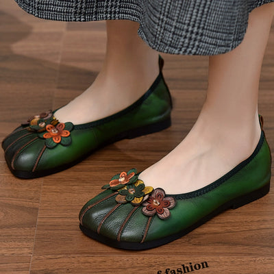 Babakud Women Spring Retro Blossom Handmade Leather Casual Shoes