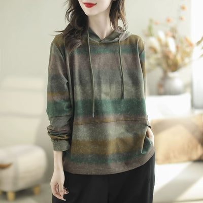 Women Spring Casual Loose Color Block Striped Hooded Sweatshirt