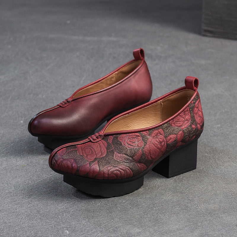 Ladies Vintage Floral Embossed Leather Block Heel Shoes