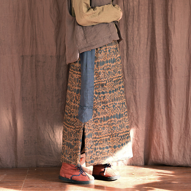 Ethnic Printed Slit Warm Padded Cotton Linen Midi Skirt