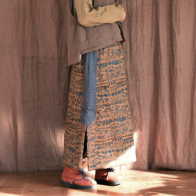 Ethnic Printed Slit Warm Padded Cotton Linen Midi Skirt