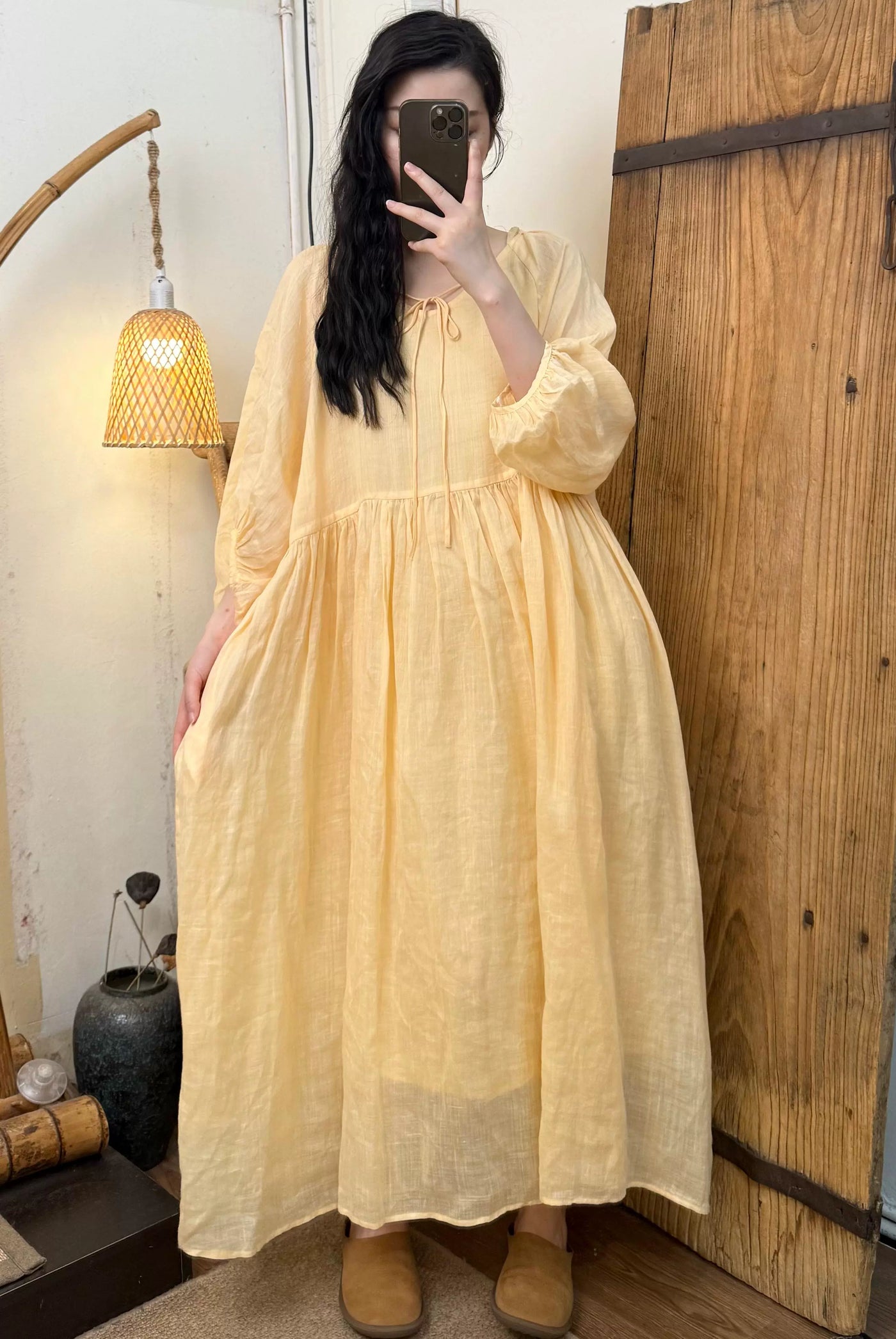 Summer Women Ramie Loose Round Neck 3/4 Sleeves Dress