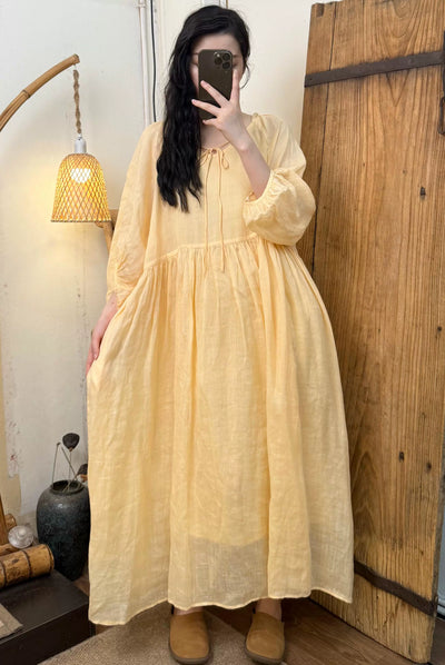 Summer Women Ramie Loose Round Neck 3/4 Sleeves Dress