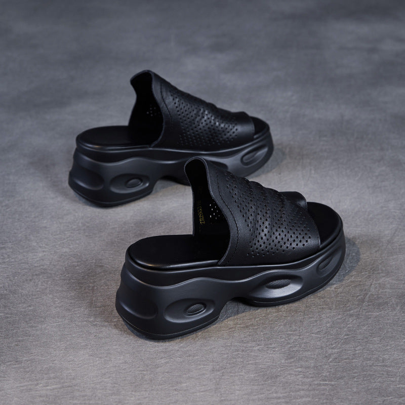 Summer Retro Genuine Leather Platform Hollow Toe Post Sandals