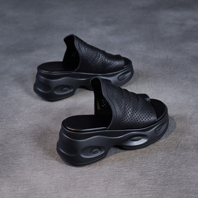 Summer Retro Genuine Leather Platform Hollow Toe Post Sandals