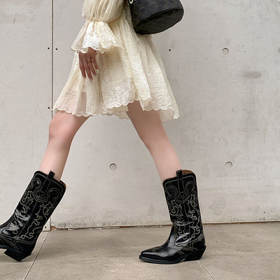 Retro Vintage Genuine Leather Pointed Toe Patchwork Boots