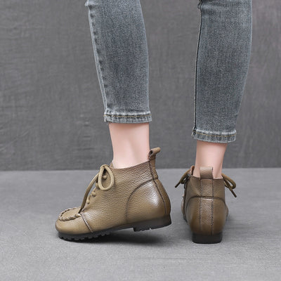 Women Retro Leather Lace-Up Side Zipper Stitching Ankle Boots