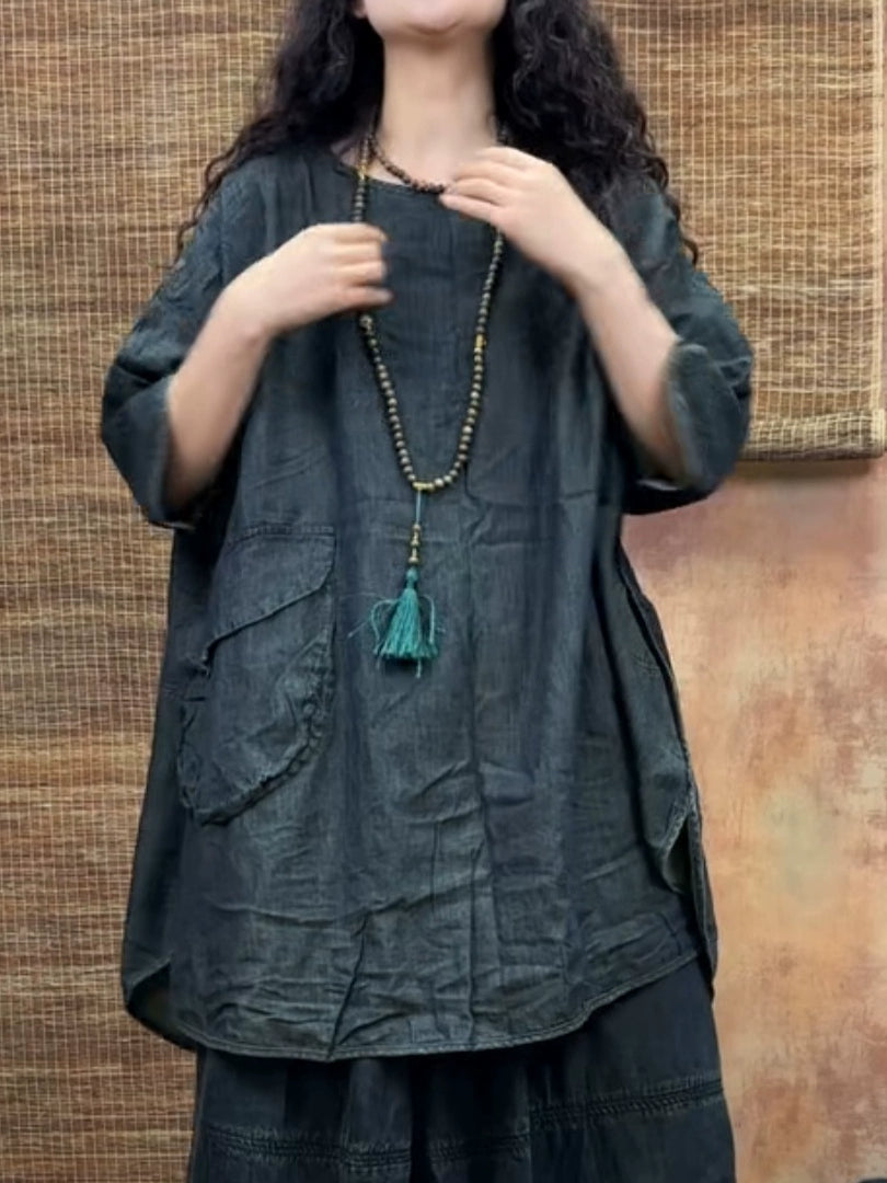 Summer Plus Size Round Neck Loose Denim Shirt With Pocket