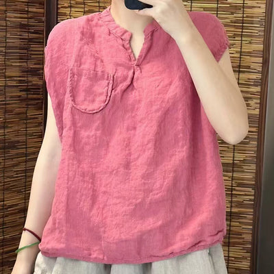 Babakud Summer Causla Linen Loose Pocket V- Neck Vest