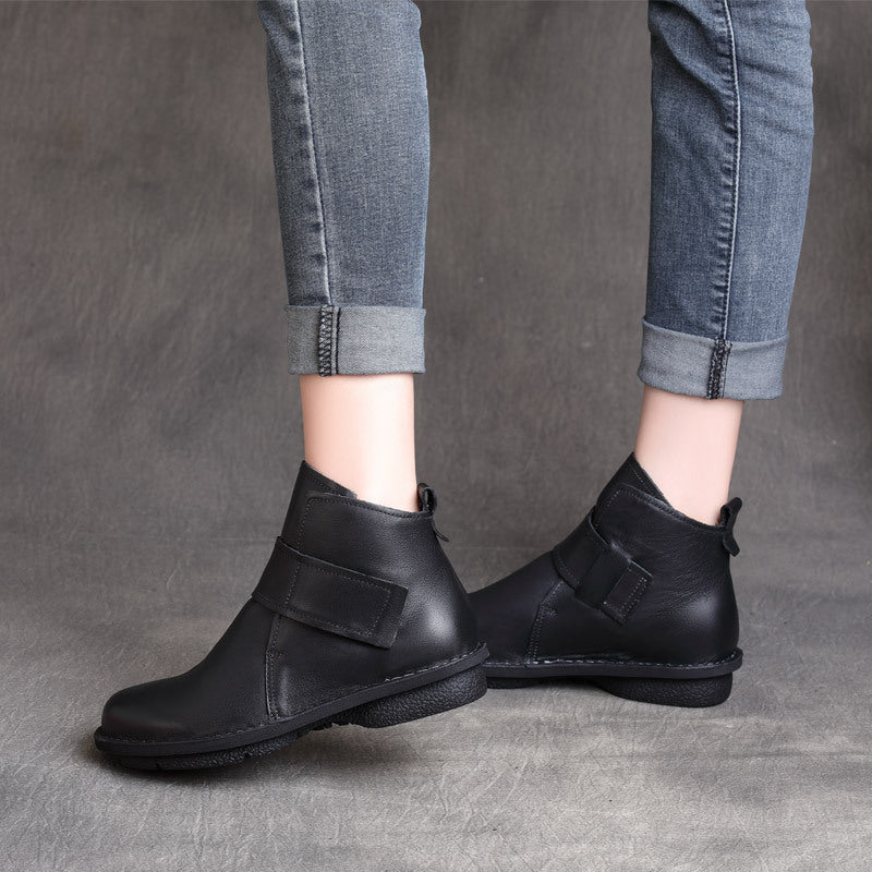 Women Minimalist Vintage Leather Velcro Soft Sole Short Boots