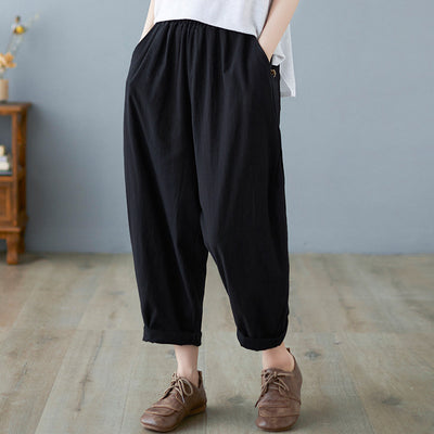 Women Summer Cotton Solid Color Elastic Waist Harem Pants