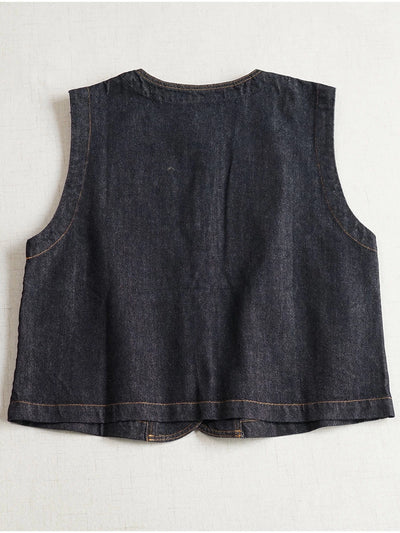 Retro Denim Round Neck Loose Pockets Single Breasted Vest