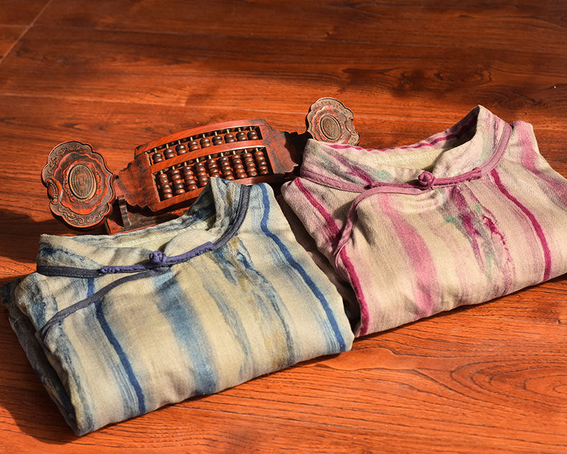 Vintage Asymmetric Front Striped Cotton Linen Dress for Women