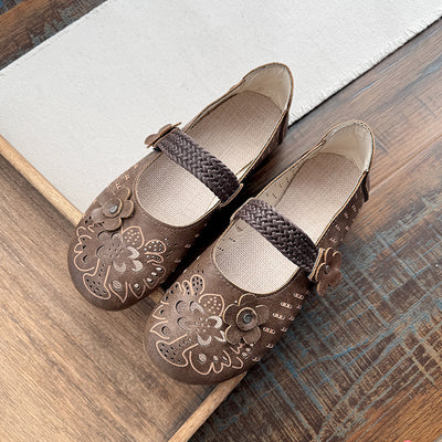 Babakud Women Spring Leather Floral Hollow Mary Jane Ballet Flats