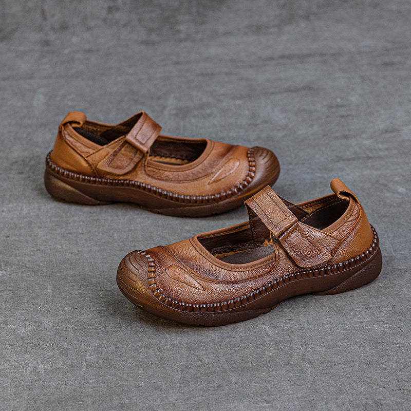 Casual Leather Soft Sole Wide Round Toe One Straped Shoes