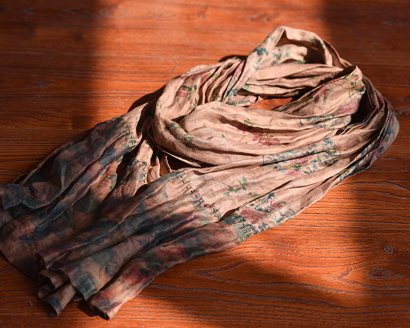 Vintage Distressed Printed Long Patchwork Ramie Scarf