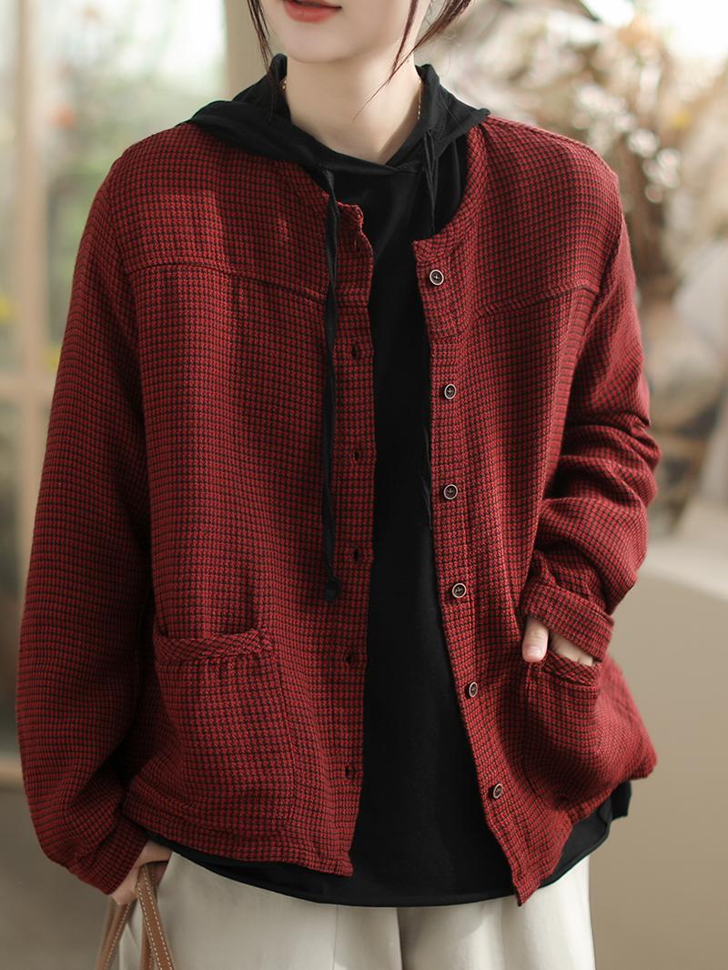 Babakud Women Loose Plaid Single-Breasted Cotton Jacket