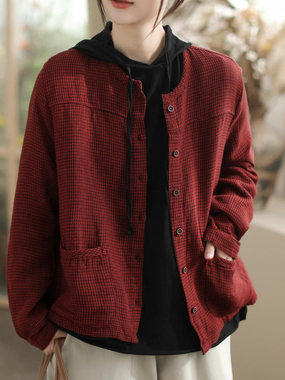 Babakud Women Loose Plaid Single-Breasted Cotton Jacket