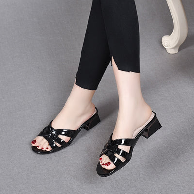 Women Summer Open Toe Chunky Heel Patent Leather Slippers
