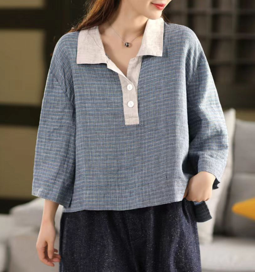 Women's Retro Loose Plaid Contrast Color Linen Polo Shirt