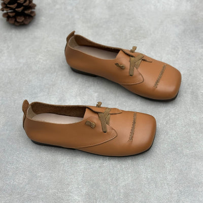 Women Spring Retro Genuine Leather Square Toe Flat Slip-Ons