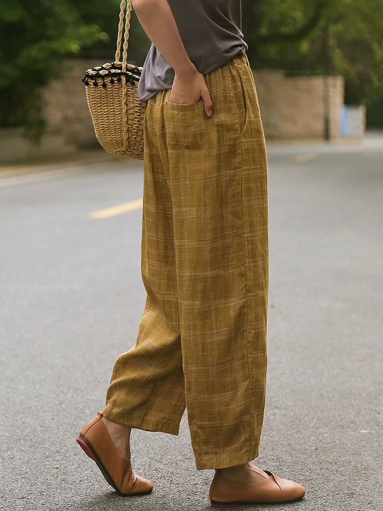 Women Summer Retro Linen Casual Plaid Loose Pants