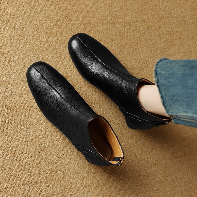 Retro Autumn Sheepskin Leather Chunky Zipper Ankle Boots