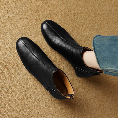 Retro Autumn Sheepskin Leather Chunky Zipper Ankle Boots