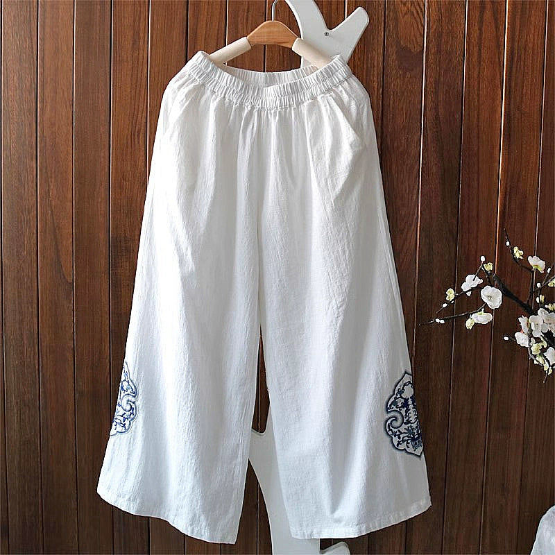 Women Autumn Linen Loose Embroidered Comfortable Pants