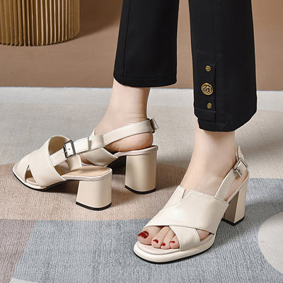 Women Summer Soft Sole Open Toe Leather Chunky Heel Sandals