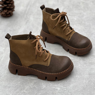 Women Retro Handmade Genuine Leather Platform Short Boots