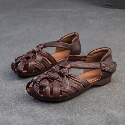 Ladies Fashion Retro Leather Woven Low Heel Soft Sole Sandals